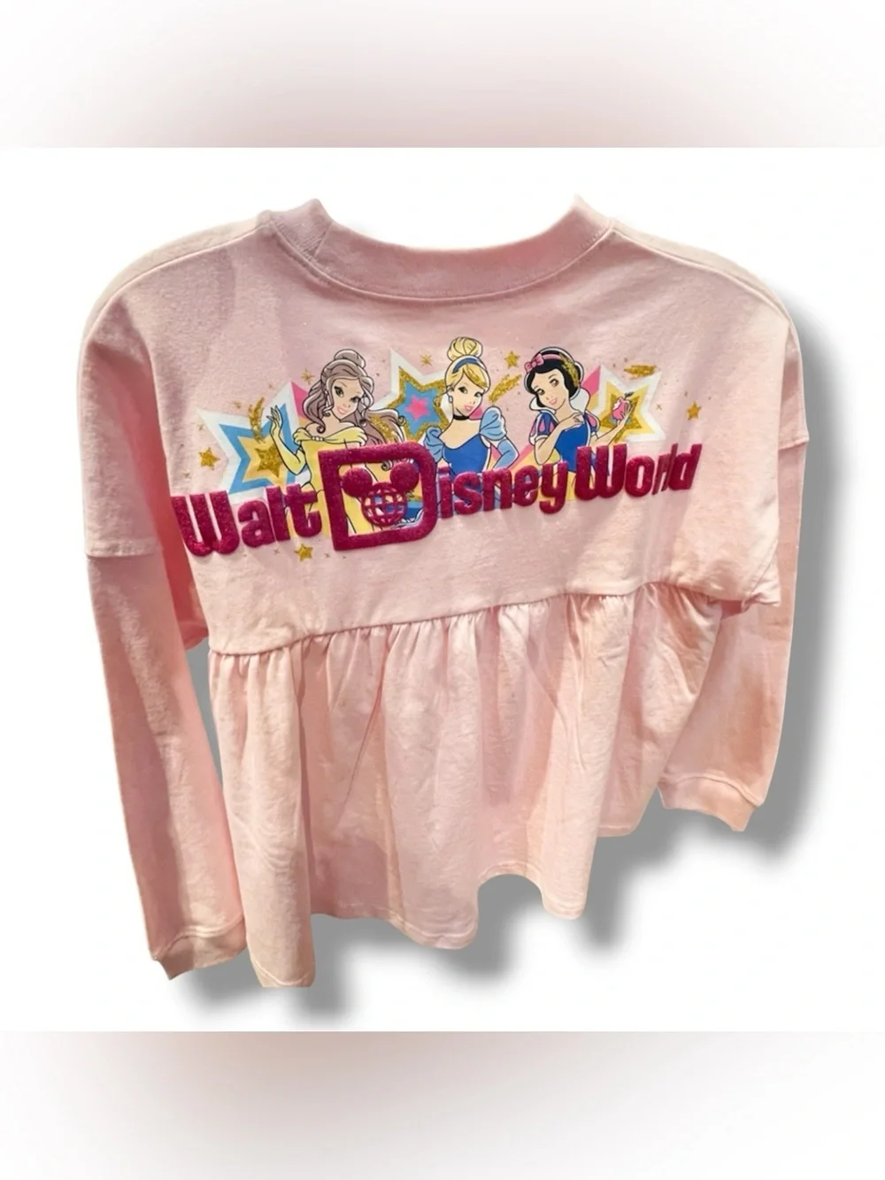 Disney World Princess Spirit Jersey Girls XL Pink Peplum Long Sleeve Pullover